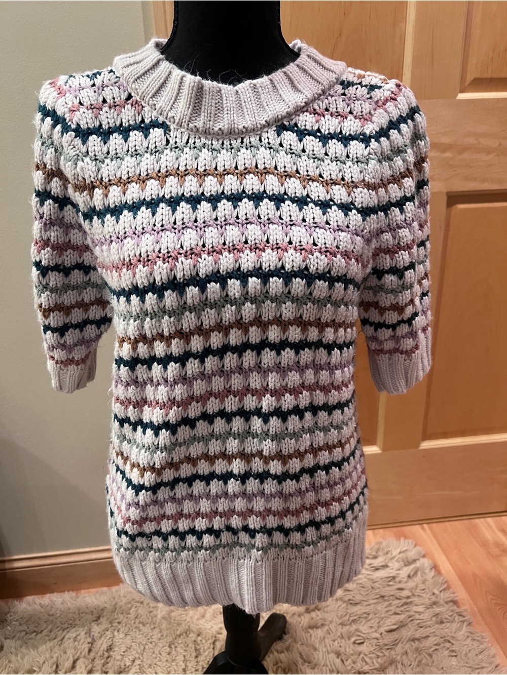 Maurice’s Crochet Knit Striped Short Sleeve Chunky Sweater S Pastel Cottagecore